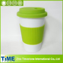 Tasse à café en céramique avec couvercle et bande en silicone (TM010610)